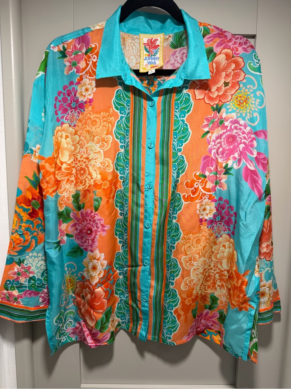 Johnny Was Floral Silk-Blend Shirt in Turquoise & Orange
